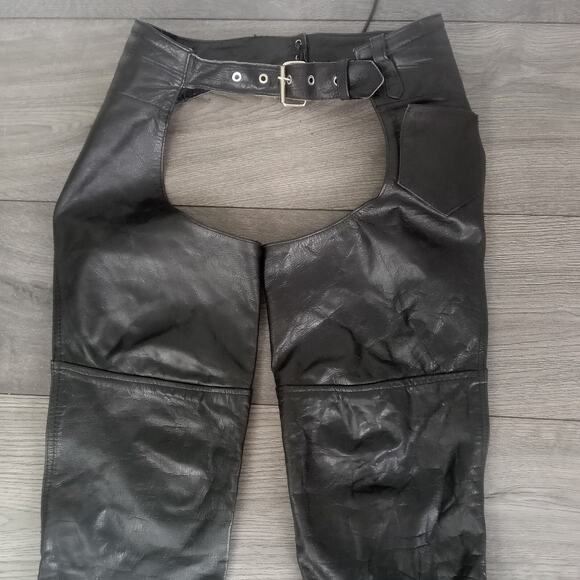 Black Leather Chaps Daytona Motorcycle BIKER SZ Small Zip Lace Up Waist Snap - Picture 3 of 9